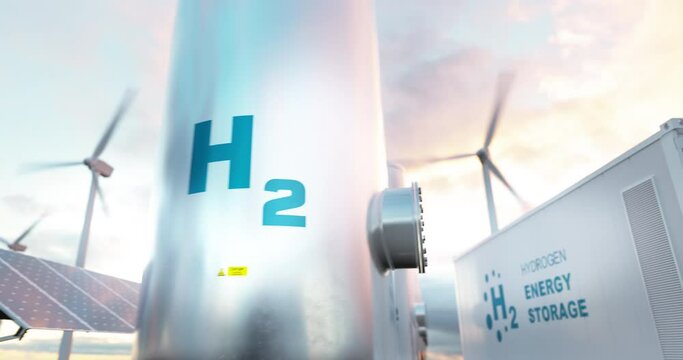 Hydrogen energy storage gas tank with solar panels, wind turbine and energy storage container unit in background. 3d rendering.