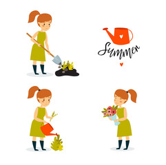 Set with a gardener girl. A beautiful girl is planting flowers, watering flowers, collecting a bouquet. Ecology. Summer. Work in the garden. Florist. Cartoon character. Cartoon woman
