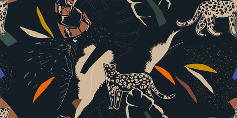 Stoffe zum Nähen Hand drawn abstract jungle pattern with leopards. Creative collage contemporary seamless pattern. Fashionable template for design.