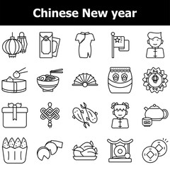 Illustration Of Chinese New Year Icons Set In Stroke Style.