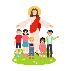 Obraz na płótnie Canvas Jesus Christ with children of different races. Bible study group clip art isolated. Flat vector cartoon style.