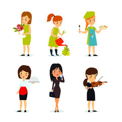 Big set of female professions. Florist, gardener, waitress, violinist, musician, businesswoman, artist. Beautiful women.
