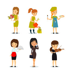 Big set of female professions. Florist, gardener, waitress, violinist, musician, businesswoman, artist. Beautiful women.
