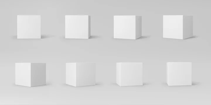 White 3d cubes set with perspective isolated on grey background. 3d modeling box with lighting and shadow. Realistic vector icon