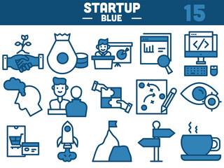 Blue And White Color Set of Startup Icon In Flat Style.
