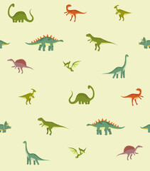 Pattern with dinosaurs. seamless background for kids. Jurassic Park. Paleontology. Baby cloth. Cartoon dinosaurs. Triceratops, tyrannosaurus, pterodactyl, brachiosaurus, stegosaurus.
