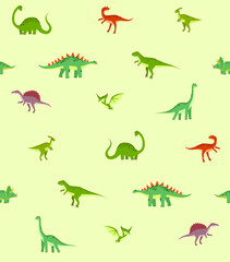 Naklejka premium Vector pattern with dinosaurs. seamless background for kids. Jurassic Park. Paleontology. Baby cloth. Cartoon dinosaurs. Triceratops, tyrannosaurus, pterodactyl, brachiosaurus, stegosaurus. 