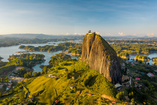 Aerial view of Piedra del Penol touristic attraction, a huge rock with steps to the top near Guatapé town, Antioquia, Colombia.