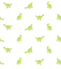 Pattern with cartoon dinosaurs. Green dinosaurs on a white background. Seamless pattern.
