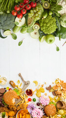 Fast and healthy food compared on white background. Unhealthy set of burgers, sauces, french fries...
