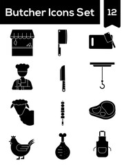 Glyph Style Butcher Icon Set On White Background.