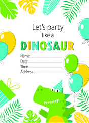 Vector bright card with a dinosaur. Birthday Invitation. Poster, postcard, invitation. baby shower
