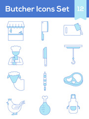 Set Of Butcher Icon Or Symbol In Blue And White Color.