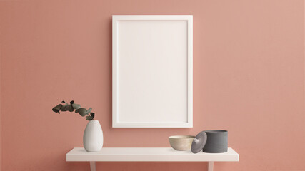 Minimalist vertical frame mockup hanged in the wall with a shelf in 3D rendering. Modern home interior design, blank empty frame template, nordic style