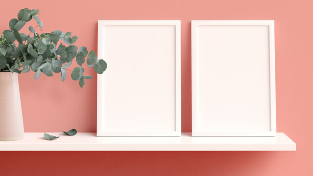 Two vertical frames mockup on the shelf leaning against the wall, nordic style in 3D rendering. Modern home interior design, blank empty frame template, minimalist style