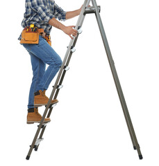 Professional builder climbing up metal ladder on white background, closeup