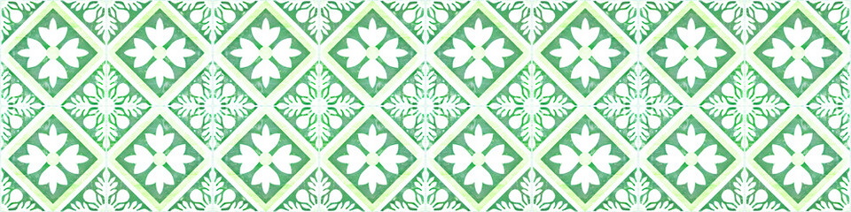 Seamless grunge worn vintage old green white concrete stone cement tiles with leaves flowers rhombus diamond square mosaic texture background banner panorama