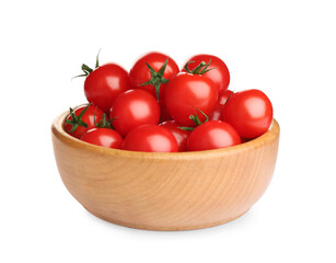 Fresh ripe cherry tomatoes in bowl on white background