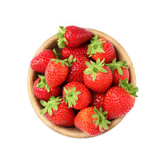 Fresh strawberries in wooden bowl isolated on white, top view