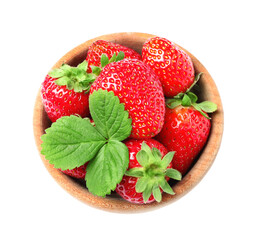 Fresh strawberries in wooden bowl and green leaf isolated on white, top view