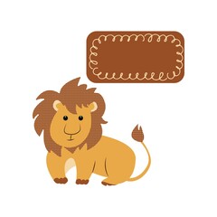 Poster or postcard template with cute lion in cartoon style and place for text. Vector illustration in flat style isolated on white background.