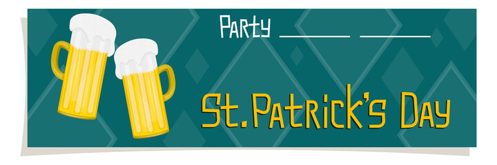 A banner, a flyer celebration of St. Patricks Day in cartoon style is isolated white background. Location for date and time party. Vector illustration. Decorations are beer glasses and shamrock