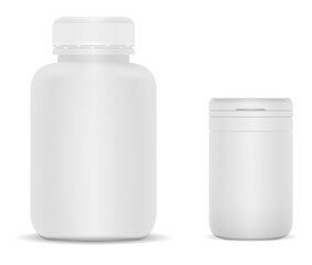 White plastic supplement jar. Vitamin bottle vector blank, 3d cylinder package. Large pharmaceutical pill pack. Round tablet tube, empty matte plastic can, realistic aspirin medication packaging