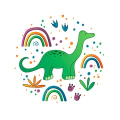 Fototapeta na wymiar Cute dinosaur vector print for kids. Dino with rainbow. Cute Dino print for decor.
