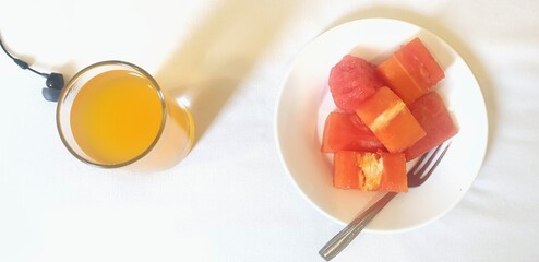 MAKASSAR INDONESIA 12 February 2021: healthy breakfast of fruit and fruit juices