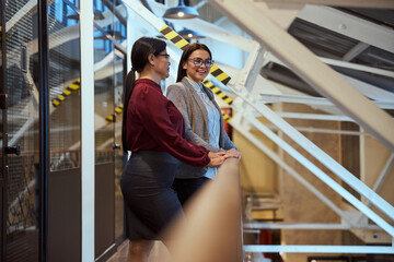 Cheerful female person listening to her colleague