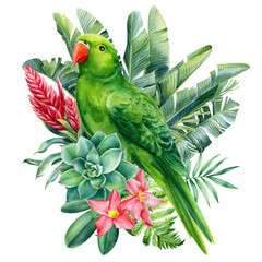 Composition with parrot, flowers and palm leaves, summer print, watercolor botanical painting