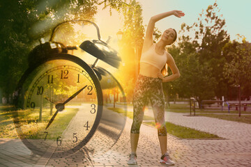 Workout time. Double exposure of woman doing exercise on sunny morning in park and alarm clock