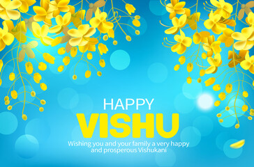 Greeting banner with konna flowers (cassia fistula) for South Indian New Year festival Vishu (Vishukani). 