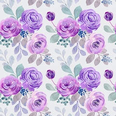 Seamless pattern of purple watercolor roses