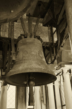 Church bell . St Mark's Campanile. Venice, Italy. Closeup. Sepia historic  photo.