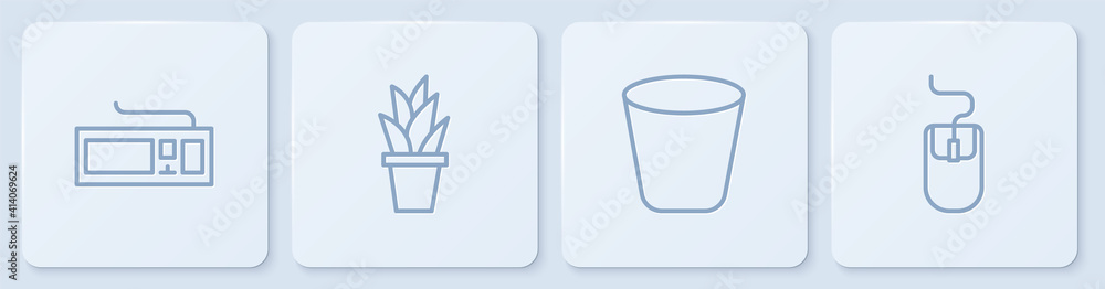 Poster set line keyboard, trash can, plant in pot and computer mouse. white square button. vector.