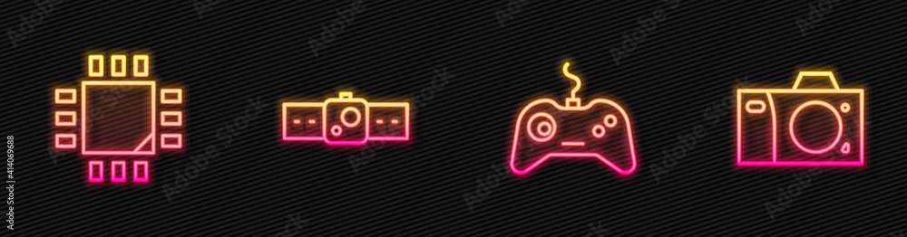 Poster set line gamepad, processor with microcircuits cpu, smartwatch and photo camera. glowing neon icon. 