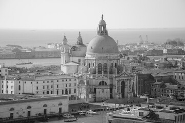Santa Maria della Salute church in Venice, Italy. Black white historic photo