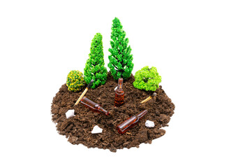 Miniature toy forest composition with beer bottles, paper rubbish and matches lying around.The...