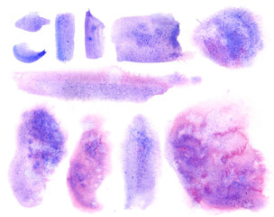 Set of lavender watercolor stain. Spots on a white background. Watercolor texture with brush strokes.