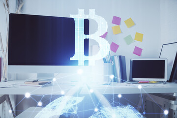 Double exposure of crypto technology theme drawing and office interior background. Concept of blockchain.