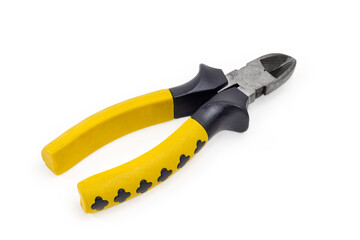Diagonal pliers with yellow insulated handles on a white background