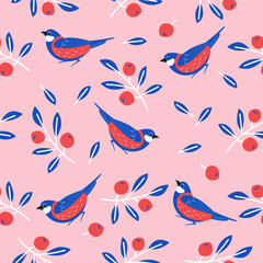 Fototapeta na wymiar Seamless patterns with birds, flowers, leaves and berries. Vector illustration.