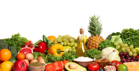 Different food products on white background. Healthy balanced diet