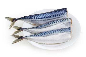 Pickled mackerel without heads on dish on a white background