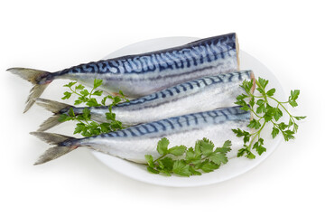 Pickled mackerel without heads with fresh greens on dish