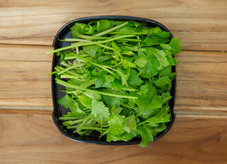 fresh raw celery sliced on square plate isolated on wooden background, shabu, hot pot ingredients