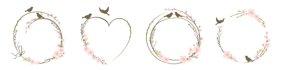 Frames for Wedding invitation. Willow and Cherry blossom. Set vector design elements on the theme of flowering and spring.	