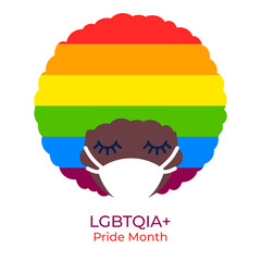 illustration with black man, African American in medical face masks. LGBTQIA+ Pride Month. rainbow flag. Coronavirus pandemic. Covid-19