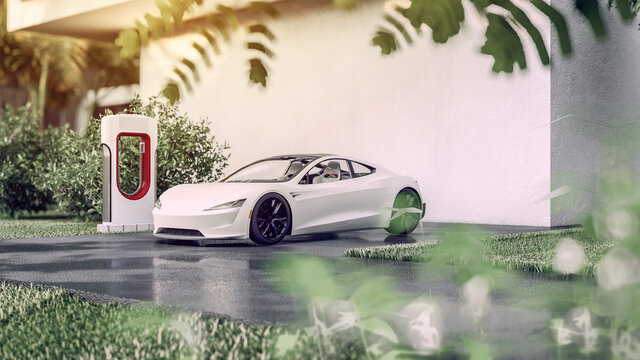 Electric car parked in front of modern home garage 3d rendering